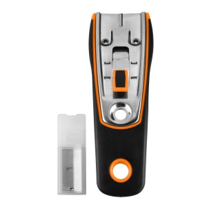 Narzędzie t.b.t. z ostrzami i pudełkiem do przechowywania narzędzi murarskich i glazurniczych.