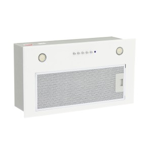 Biały okap płaski z metalowym filtrem i przyciskami sterującymi.