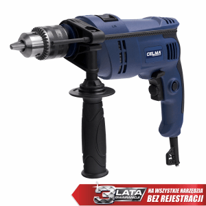 Niebieska wiertarka z dodatkowym uchwytem. Idealna do wiercenia w drewnie, metalu i plastiku.