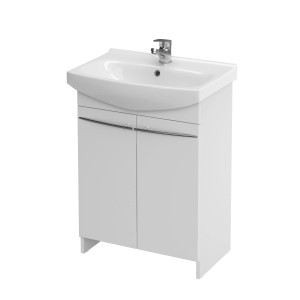 Biała szafka pod umywalkę t.b.t. z umywalką i baterią. Zestaw mebli łazienkowych.