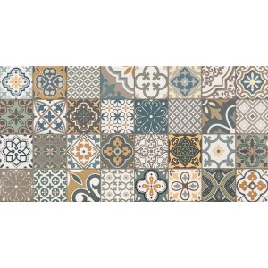 Dekoracyjne płytki ścienne t.b.t. z motywami kwiatowymi i geometrycznymi w różnych kolorach.