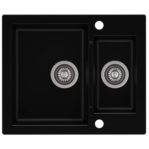 Czarny zlewozmywak granitowy t.b.t. z dwoma komorami i odpływami.