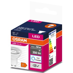 Opakowanie żarówki LED Osram GU10, LED Value, 4.5W, Cool Daylight.