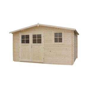 Drewniany domek ogrodowy z podwójnymi drzwiami i oknem, idealny jako domek na narzędzia lub do ogrodu.
