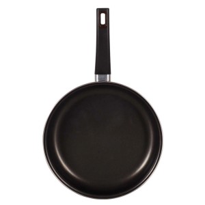 Czarna patelnia z uchwytem, odpowiednia do kuchenki i piekarnika.