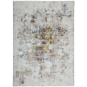 Nowoczesny dywan z krótkim włosiem z abstrakcyjnym wzorem w odcieniach beżu, brązu i szarości.