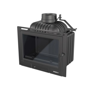 Czarny wkład kominkowy z otwartymi drzwiami i szklaną szybą.