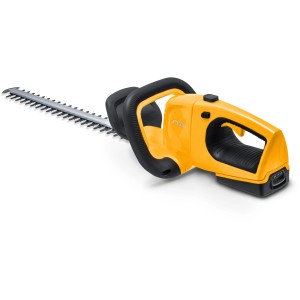 Żółte akumulatorowe nożyce do żywopłotu Stiga HT 100e z akumulatorem i ładowarką.