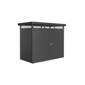 Metalowy domek narzędziowy Biohort HighLine, ciemnoszary metalik, z podwójnymi drzwiami i płaskim dachem.