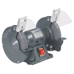 Szlifierka stołowa szara z dwiema tarczami szlifierskimi i osłonami.