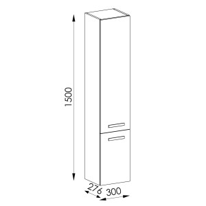 Szkic: Wysoka szafka łazienkowa z zestawu mebli łazienkowych t.b.t., wymiary 300x276x1500 mm.