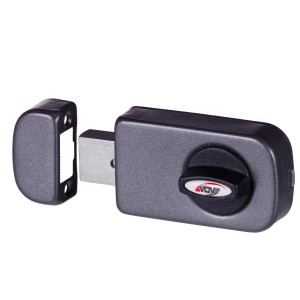 Szary zamek do drzwi z osłoną, pasuje do różnych typów drzwi.