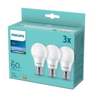 Zestaw 3 żarówek LED E27 Philips, 8W, chłodne światło dzienne, w turkusowym opakowaniu.