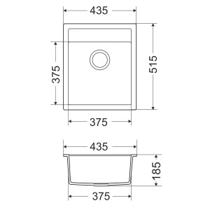 Rysunek techniczny zlewozmywaka granitowego t.b.t. z wymiarami.