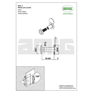 Rysunek techniczny wizjera do drzwi z wymiarami. Szczegółowy widok montażu i wymiarów.