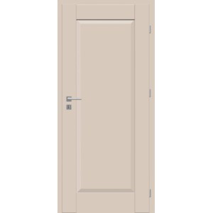 Beżowe drzwi wewnętrzne o prostym designie z srebrną klamką.