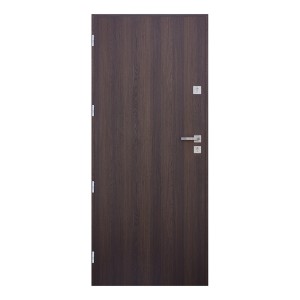 Ciemnobrązowe drzwi wewnętrzne z fakturą drewna i srebrną klamką.
