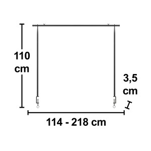 Rysunek techniczny rozkładanego stołu ogrodowego Punco, czarny, wymiary: 110 x 114-218 x 3,5 cm.