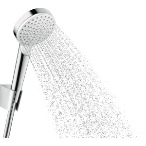 Zestaw uchwytu prysznicowego Hansgrohe Crometta Vario, biało-chromowy, ze strumieniem wody.