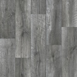 Szara wykładzina PCV imitująca drewno, idealna do renowacji. Trwała i łatwa w pielęgnacji.