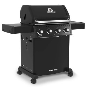 Czarny grill gazowy Broil King Crown z czterema palnikami i półkami bocznymi.