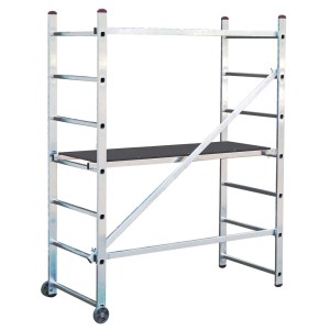 Ruchome rusztowanie Krause Corda 3 m z kołami, aluminiowa rama i platforma robocza.