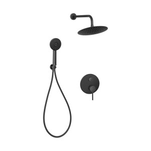 Czarny zestaw prysznicowy z deszczownicą, słuchawką i baterią termostatyczną.
