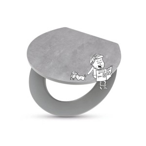 Szara deska sedesowa z ilustracją kreskówkową mężczyzny z gazetą i papierem toaletowym.