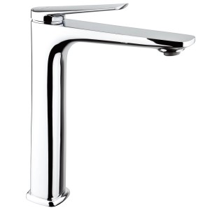 Błyszcząca, chromowana bateria umywalkowa t.b.t. do nowoczesnych łazienek.