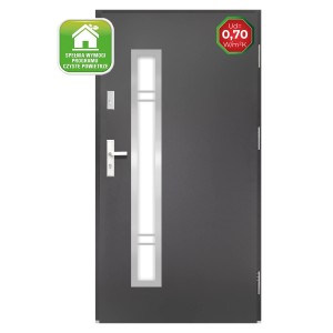 Nowoczesne drzwi zewnętrzne z wstawką szklaną i srebrną klamką.