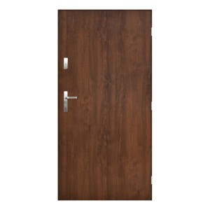 Brązowe drzwi zewnętrzne z srebrną klamką i zamkiem.