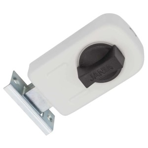 Biały zasuwa do drzwi z czarnym pokrętłem i srebrnym uchwytem.