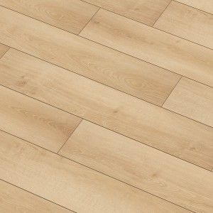 Jasne panele podłogowe laminowane t.b.t. z efektem drewna.