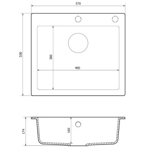 Rysunek techniczny zlewozmywaka granitowego t.b.t. z wymiarami.