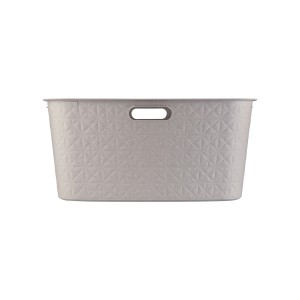 Prostokątny, szary kosz na pranie z geometrycznym wzorem i uchwytami.