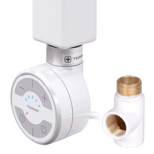 Zbliżenie białego regulatora grzejnikowego t.b.t. do grzejników.