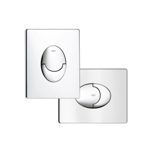 Dwie błyszczące, chromowane płytki uruchamiające do spłuczek WC.