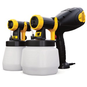 Zestaw pistoletów natryskowych t.b.t. w kolorze czarnym i żółtym z pojemnikami.