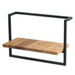 t.b.t. Stojak na kwiaty z drewnianą półką i czarną metalową ramą.