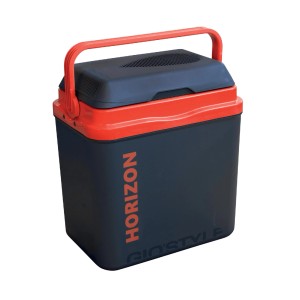 Niebieski pojemnik termoizolacyjny z czerwonym uchwytem do akcesoriów kempingowych.