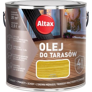 Altax olej do tarasów, odcień sosna, puszka 2,5L do tarasów drewnianych, chroni przed warunkami atmosferycznymi i promieniowaniem UV.
