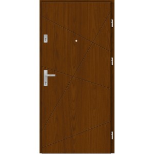 Nowoczesne drzwi zewnętrzne w stylu drewna z geometrycznym wzorem i srebrną klamką.