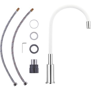 Bateria jednouchwytowa t.b.t. z białą, elastyczną wylewką i akcesoriami.