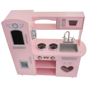 Różowa drewniana kuchnia dla dzieci z kuchenką, zlewem, mikrofalówką i lodówką.