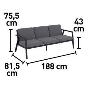 Wymiary zestawu mebli ogrodowych t.b.t.: długość 188 cm, wysokość 75,5 cm, głębokość 81,5 cm.