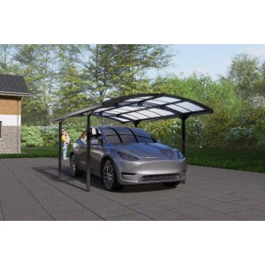 Nowoczesna wiata garażowa t.b.t. z samochodem. Idealna ochrona przed warunkami atmosferycznymi dla Twojego pojazdu.