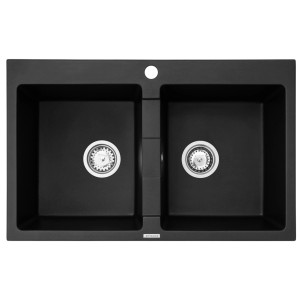 Czarny zlewozmywak granitowy t.b.t. z dwiema komorami i nowoczesnym designem.