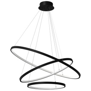 Nowoczesna lampa wisząca LED z trzema czarnymi pierścieniami i białym światłem.