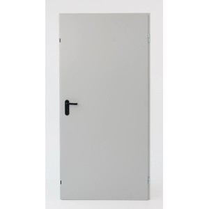 Szare drzwi stalowe z czarną klamką. Idealne do użytku wewnątrz i na zewnątrz.