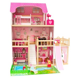 Różowo-biały drewniany domek dla lalek t.b.t. z meblami i zjeżdżalnią dla dzieci.